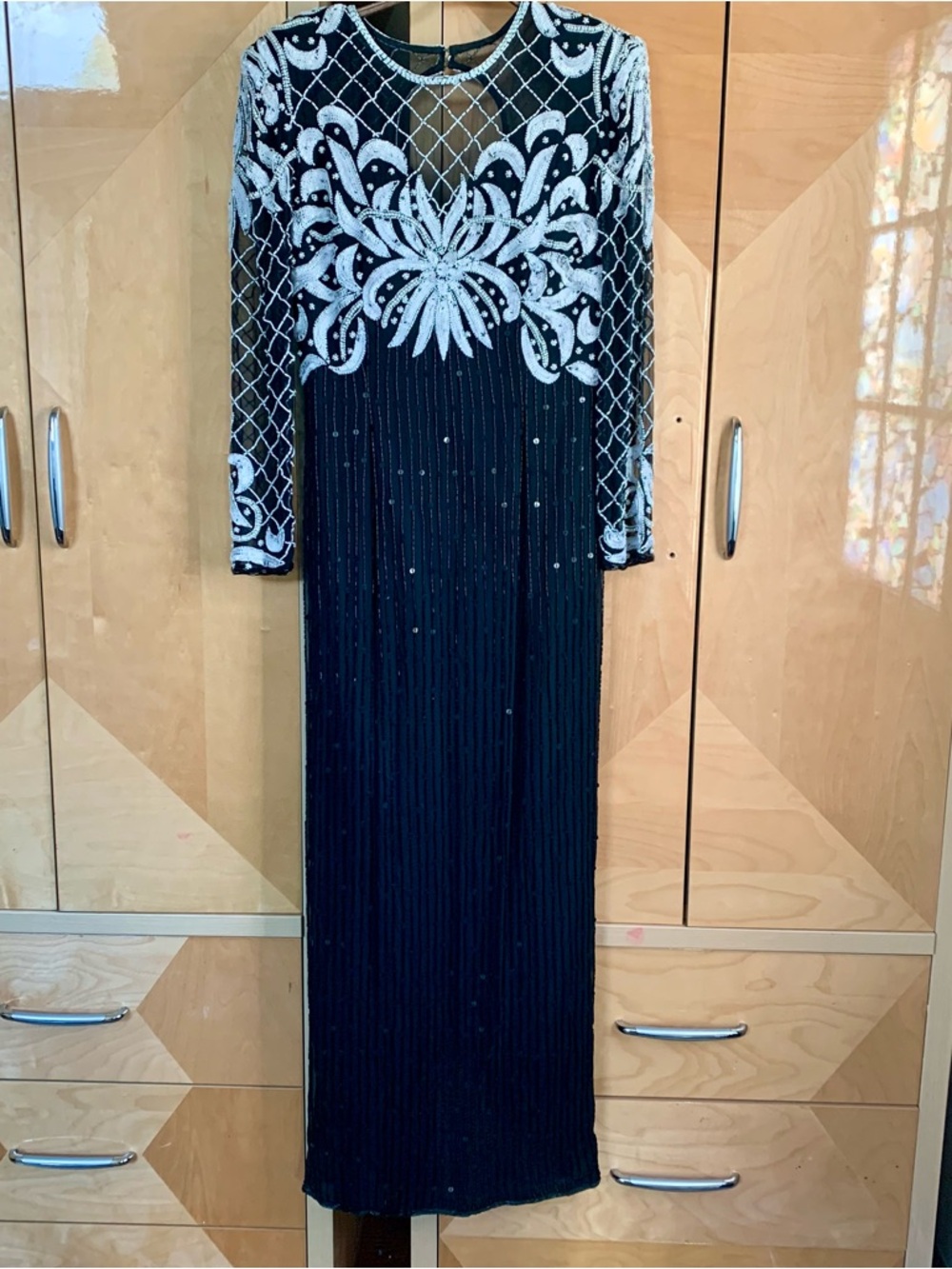Laurence Kazar Silk Evening Gown Dress Beaded Sequins Size Small Mesh Sleeve VTG